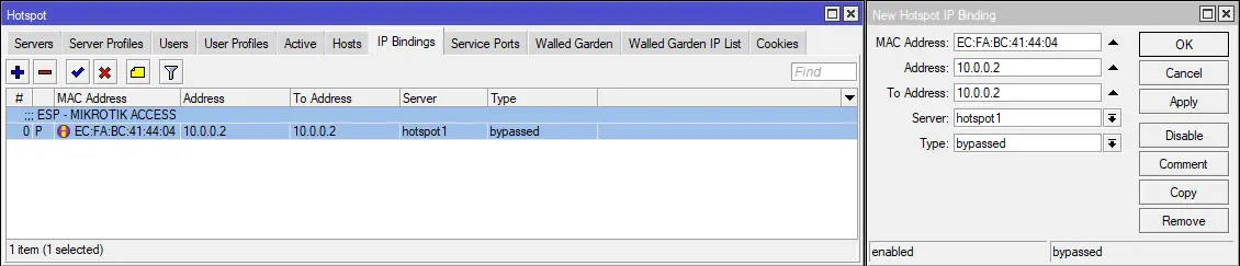 Add NodeMCU ESP8266 device at the MikroTik IP Binding