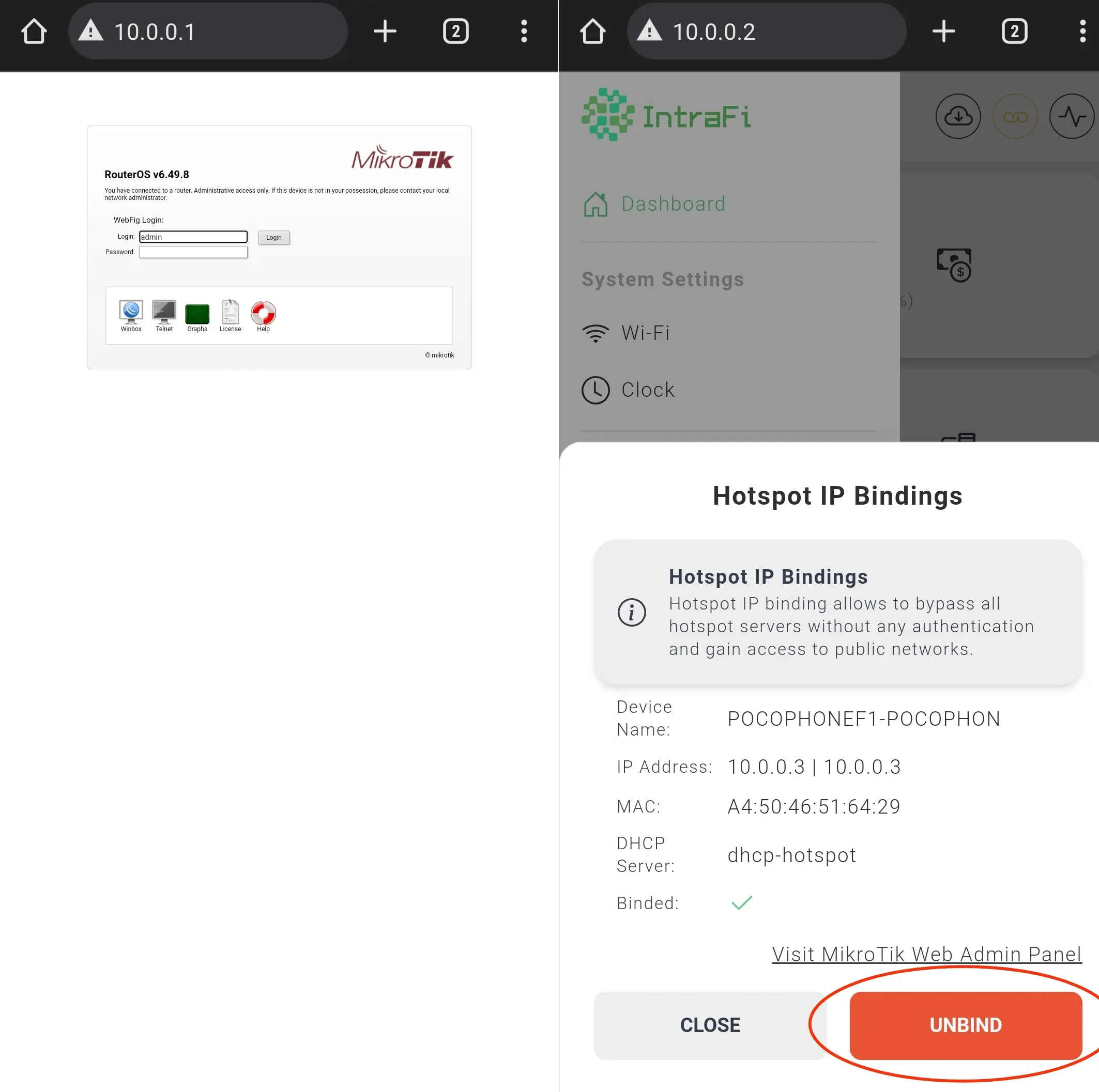 MikroTik hotspot portal showing up admin panel or WebFig panel