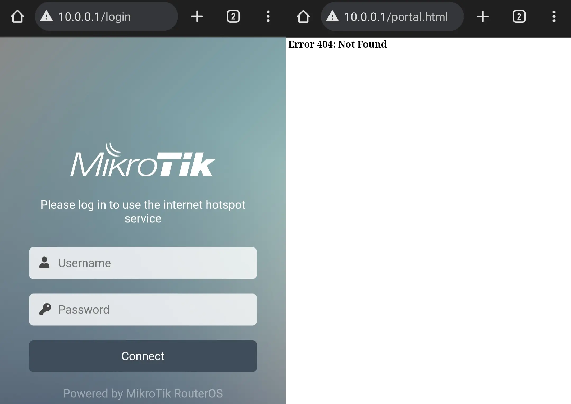 MikroTik hotspot portal showing default portat, missing, or not found page