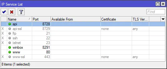 MikroTik IP Service List must enable API Service/Port